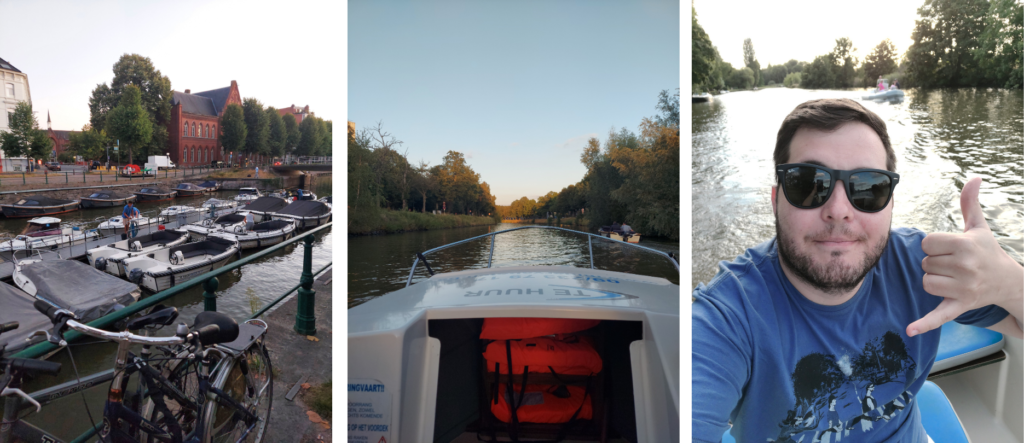 Três momentos do passeio de barco nos canais de Gent pela empresa Minerva: barcos atracados no cais, vista dos canais arborizados nos subúrbios da cidade e selfie do autor a bordo