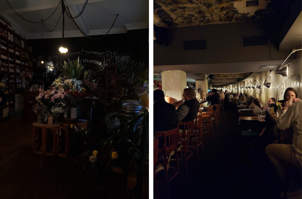 Interior da Florería Atlántico com decoração de flores e bar no subsolo em Buenos Aires