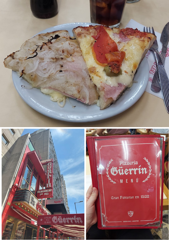 Fatias de pizza Fugazzeta e Super Guerrín servidas na Pizzería Guerrín em Buenos Aires
Fachada vermelha da Pizzería Guerrín na Avenida Corrientes em Buenos Aires
Cardápio da Pizzería Guerrín fundada em 1932 em Buenos Aires