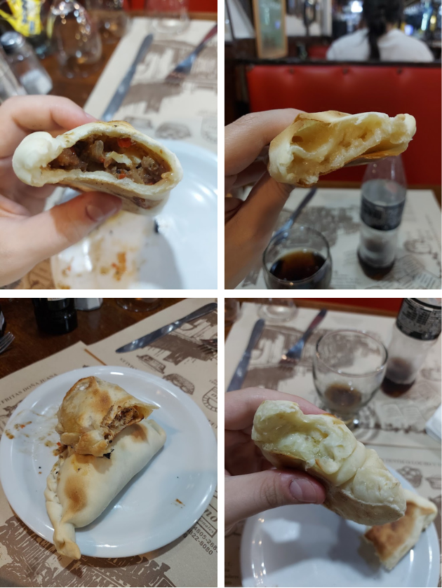 Empanada de carne aberta mostrando o recheio no El Sanjuanino em Buenos Aires
Empanada de frango do El Sanjuanino em Buenos Aires
Empanada de fugazzeta aberta mostrando queijo e cebola no El Sanjuanino em Buenos Aires
Empanada assada de queijo roquefort aberta do El Sanjuanino em Buenos Aires