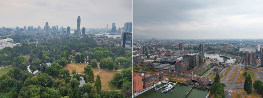 Vista aérea do Parque Het e do bairro de Delfshaven a partir do topo do Euromast em Roterdã