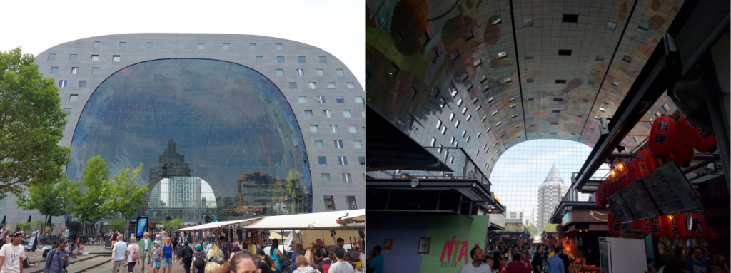 Fachada externa e interior do Markthal, mercado coberto de Roterdã com teto pintado. Visita ao local é uma das melhores dicas sobre o que fazer em Roterdã
